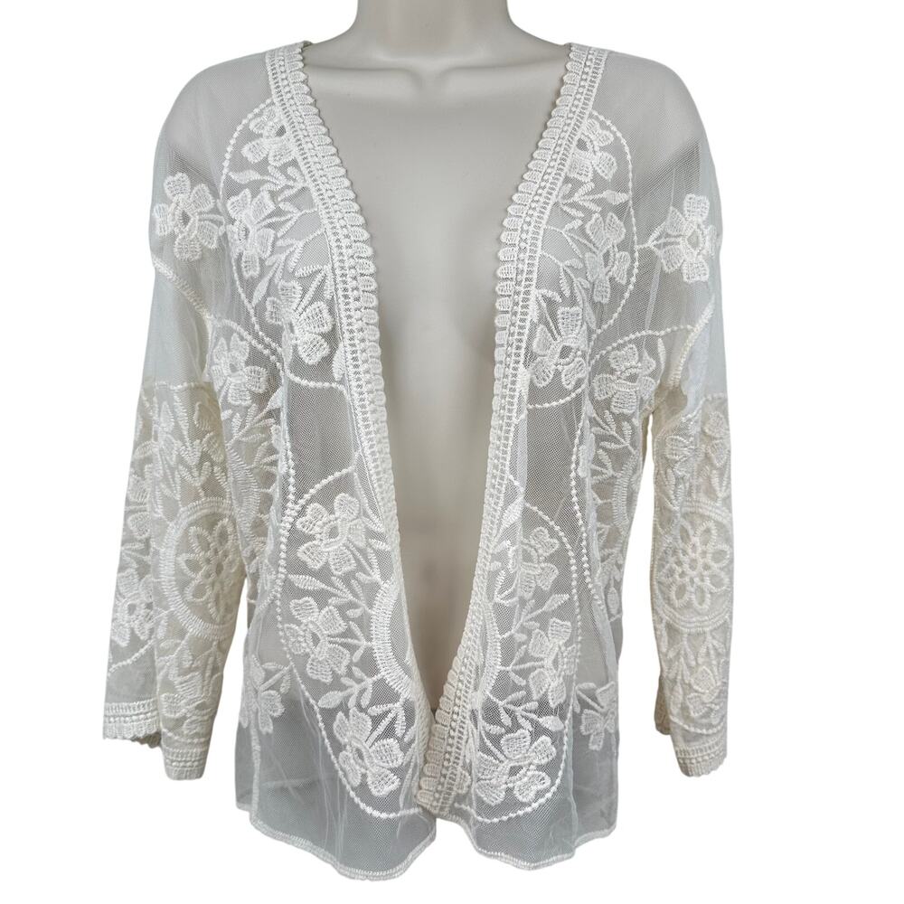 Embroidered Sheer Mesh Lace Open Cardigan Floral Cream M Cottagecore Festival